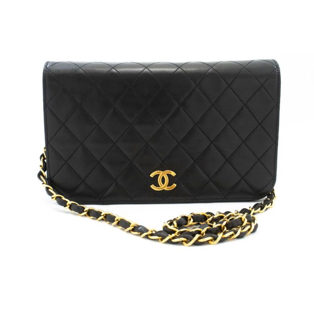 Chanel Vintage Full Flap Quilted Lambskin Black Leather Shoulder Bag Bag